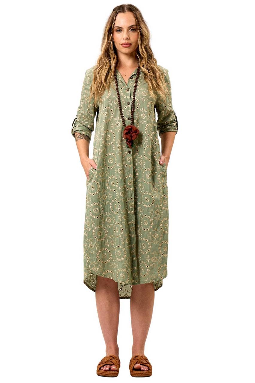 Chemise Midi Broderie Com Mangas Longas Verde Yacamim