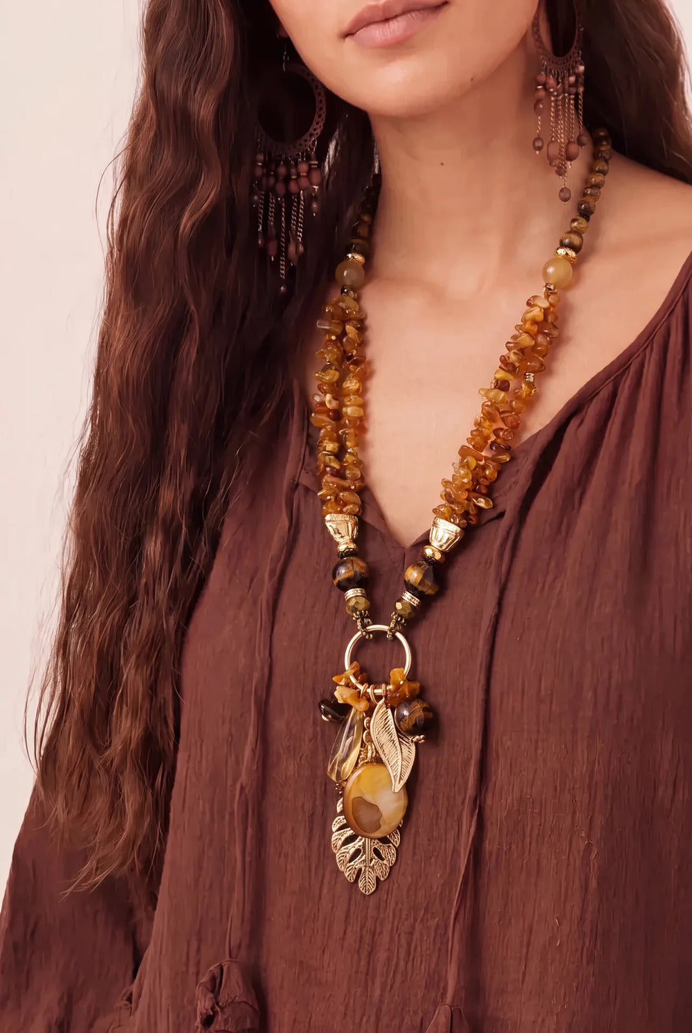 Colar Artesanal Com Pedras Marrons Yacamim #1160