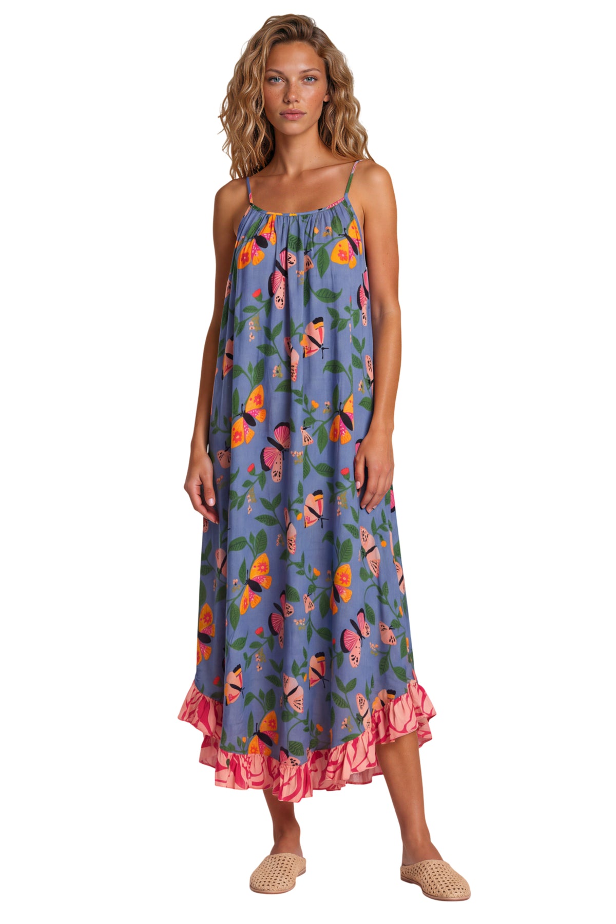 Vestido Midi De Alças Azul Petróleo Estampa De Borboletas Yacamim E6