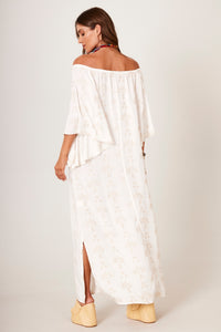 Vestido Longo De Linho Ciganinha Bege Com Flores Texturizadas Yacamim C6