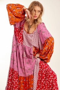 Vestido Longo Amplo Com Mangas Longas Bufantes Rosa Patchwork Yacamim<br />
<p>
</p>