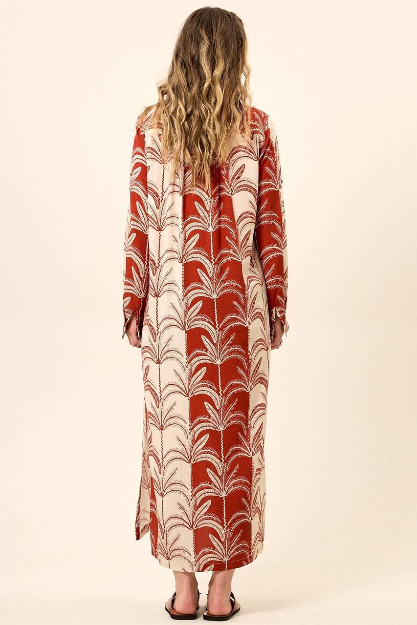 Chemise Longo Com Mangas Longas Bege E Vermelho Estampado Yacamim N5