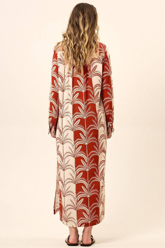 Chemise Longo Com Mangas Longas Bege E Vermelho Estampado Yacamim N5