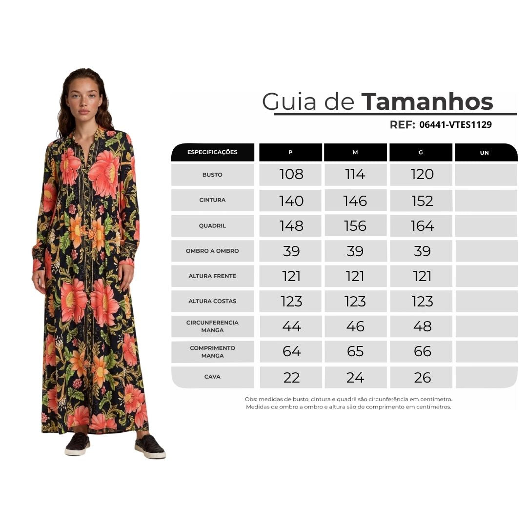 Chemise Ampla Longa Com Botões Pretos Preto Floral Yacamim L7