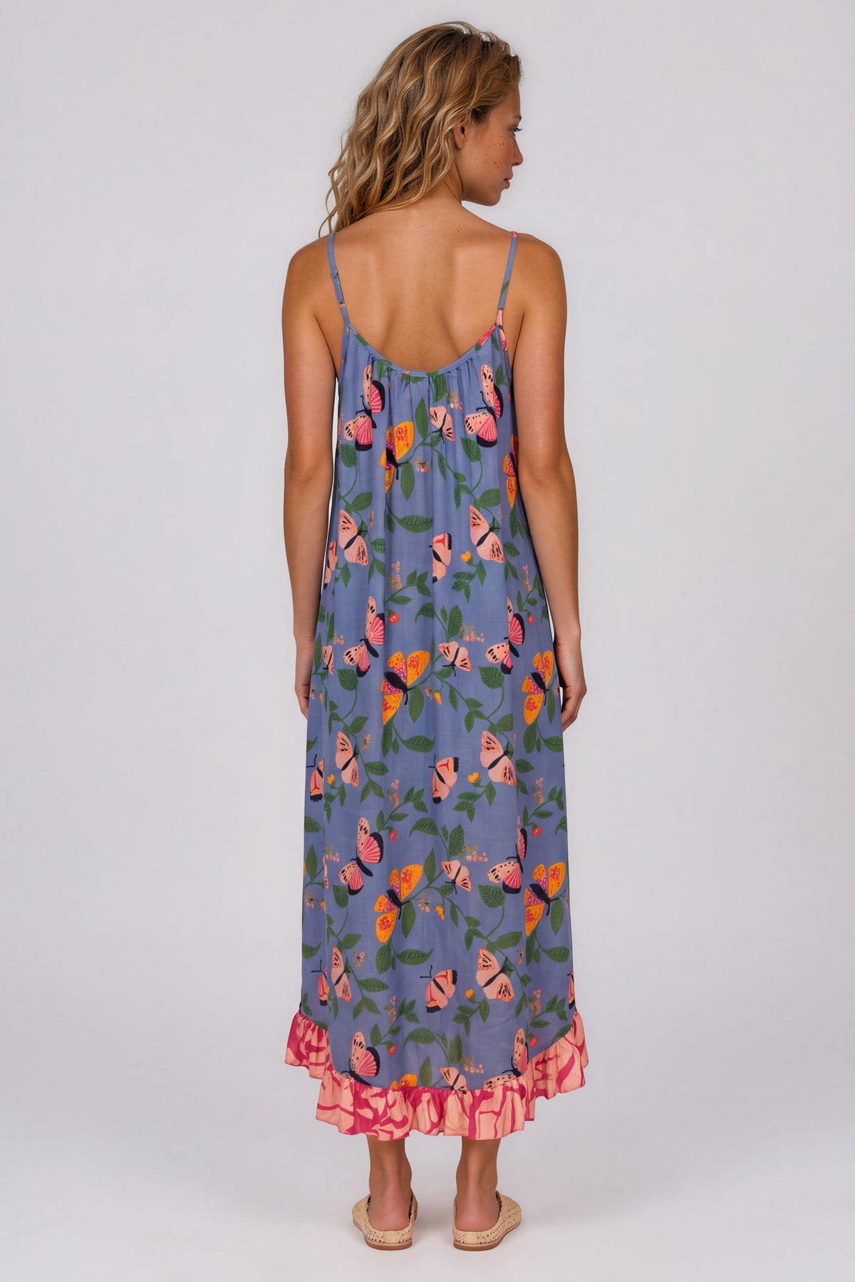 Vestido Midi De Alças Azul Petróleo Estampa De Borboletas Yacamim E6