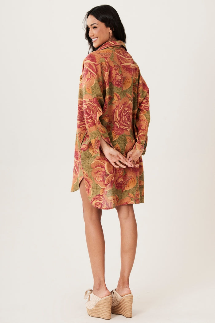 Chemise Ouro Preto 100% Algodão Verde Com Flores Laranjas Yacamim R6