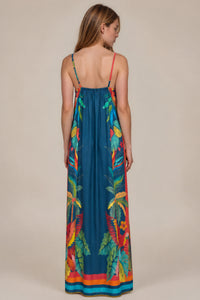 Vestido Longo Com Alças Reguláveis Azul Petróleo Estampado Yacamim C1
