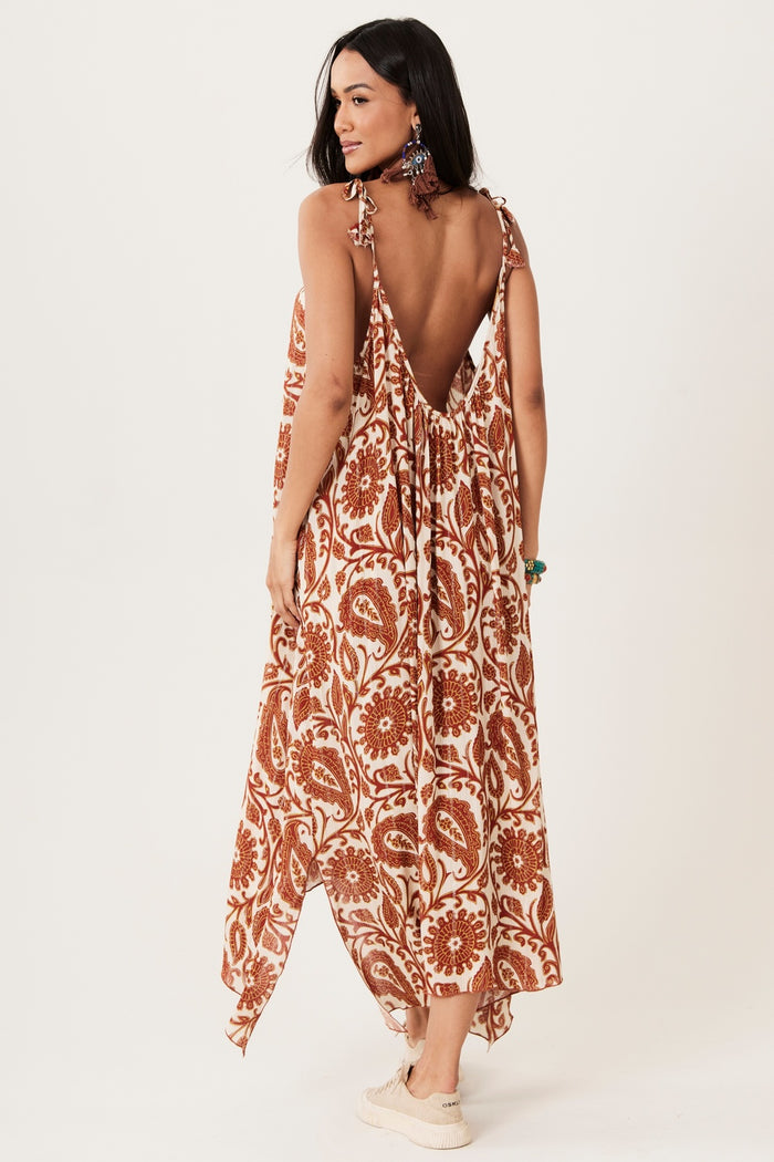 Vestido Longo Com Alças De Amarrar Bege Estampa Cashmere Yacamim E3