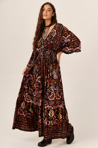 Vestido Longo Com Lastex Preto Estampado Yacamim C18