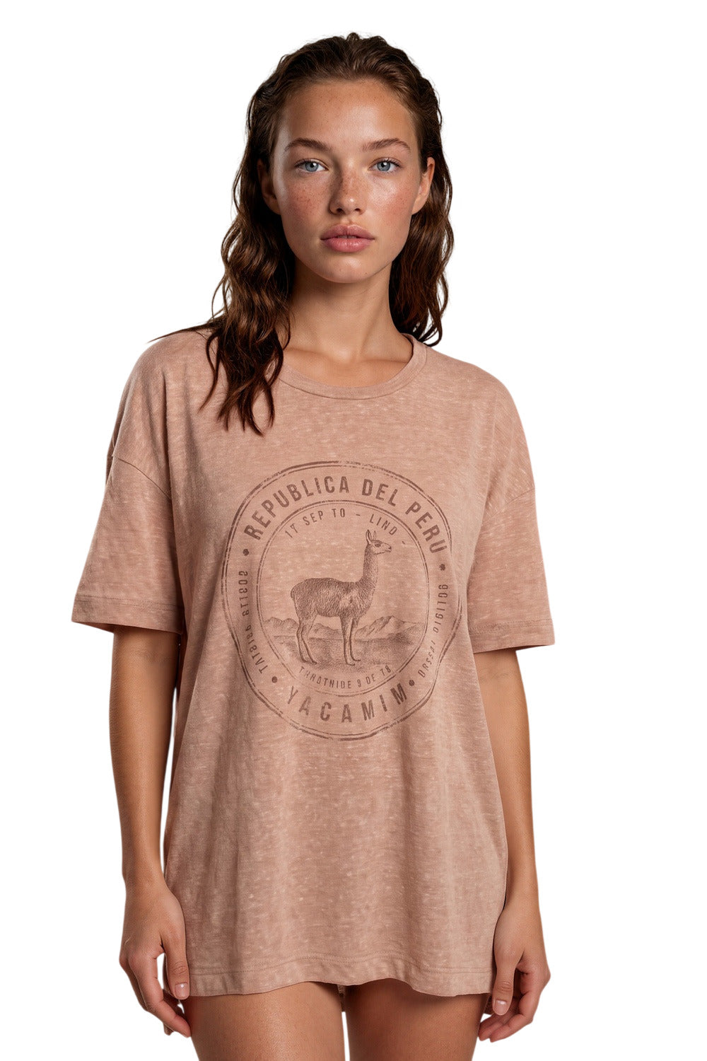 Blusa Básica Marrom Claro Estampada Nas Costas Coleção Peru Yacamim K15