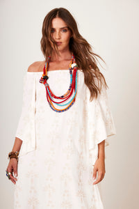 Vestido Longo De Linho Ciganinha Bege Com Flores Texturizadas Yacamim C6