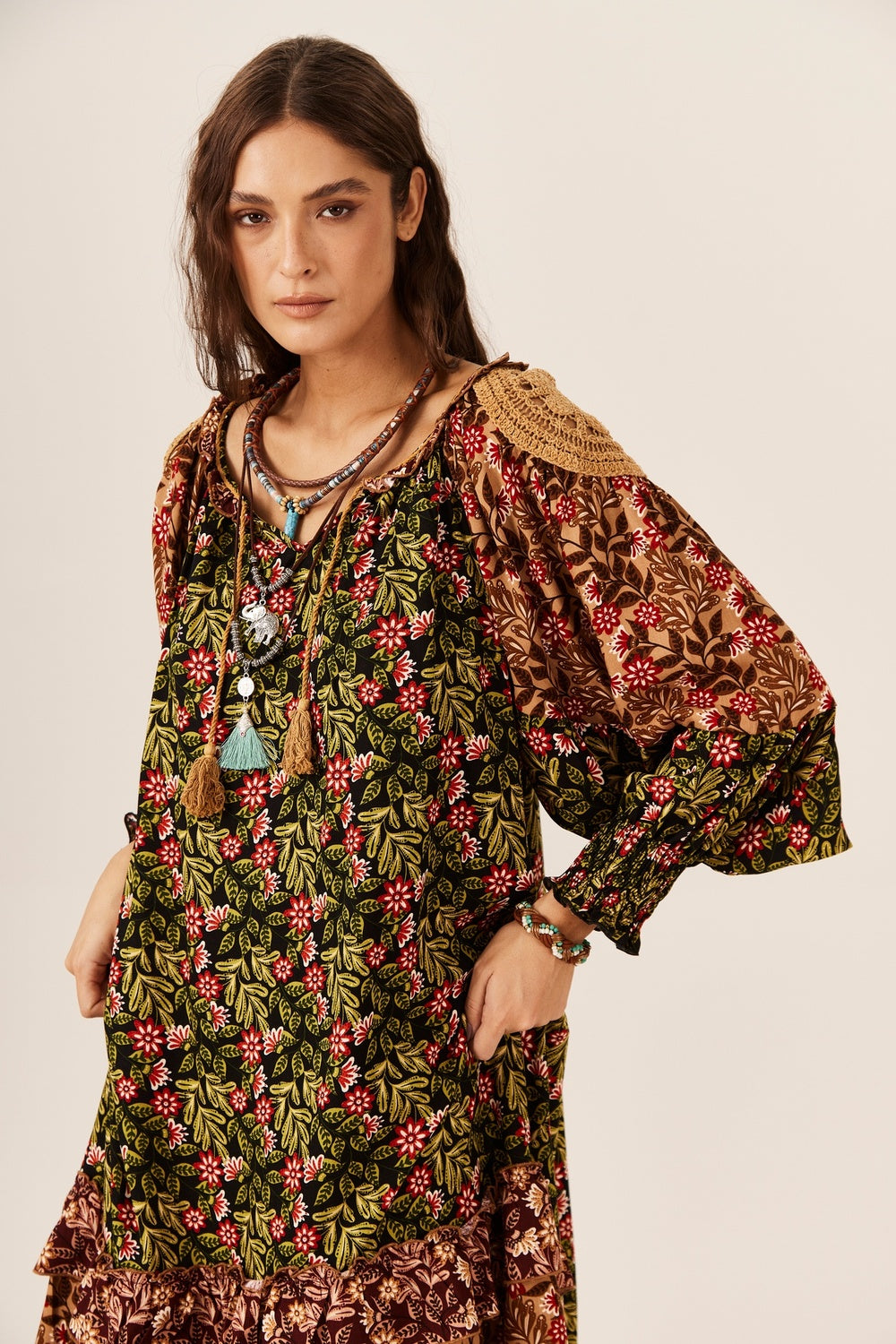 Vestido Midi Amplo Verde E Marrom Patchwork Yacamim C28