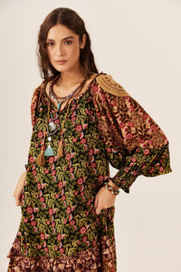 Vestido Midi Amplo Verde E Marrom Patchwork Yacamim C28