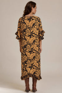 Kaftan Midi Com Pontas Laterais Marrom Claro Estampado Yacamim J10