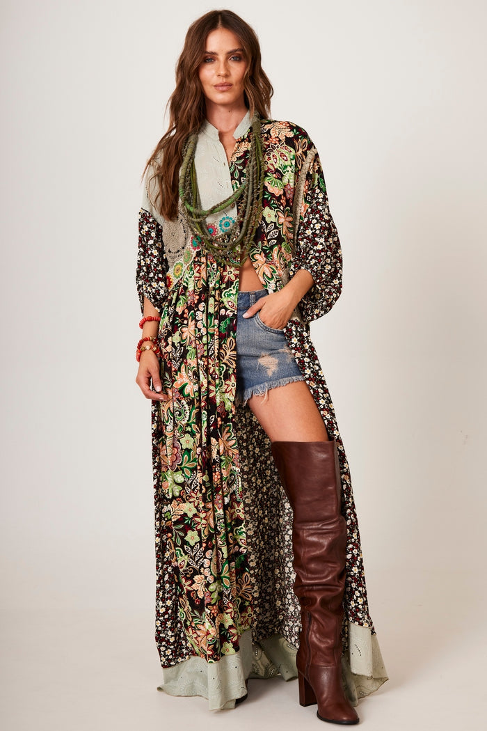 Vestido Chemise Longo Estampa Patchwork Verde Yacamim K8