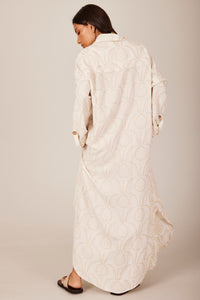 Chemise Longo De Linho Amplo Bege Estampado Yacamim N9