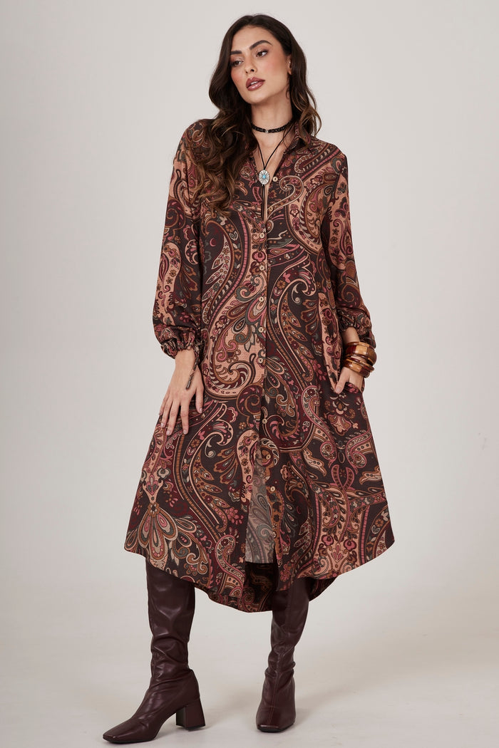 Chemise Longo Com Mangas Bufantes Bordô Estampa Cashmere Yacamim M3