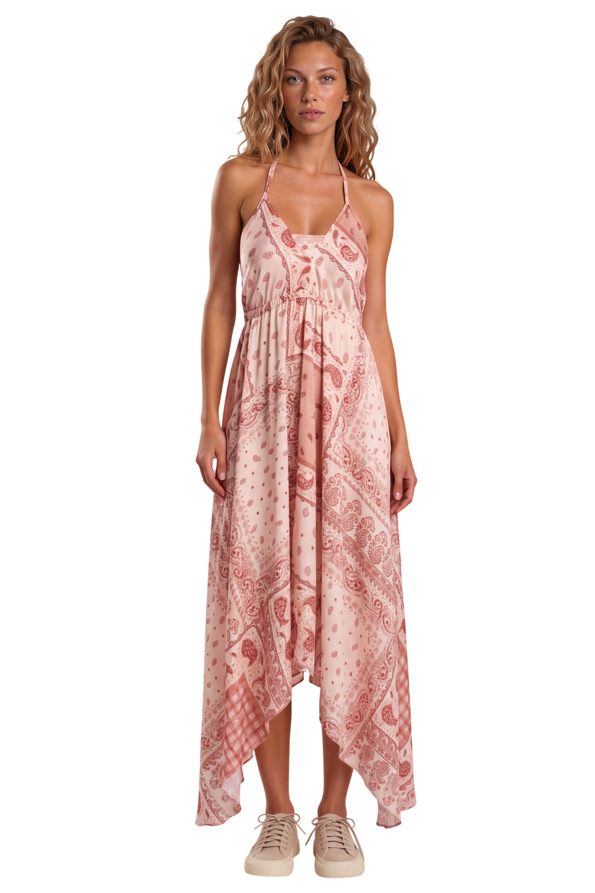 Vestido Lenço Frente Única Com Pontas E Top Rosé Paisley Yacamim D19