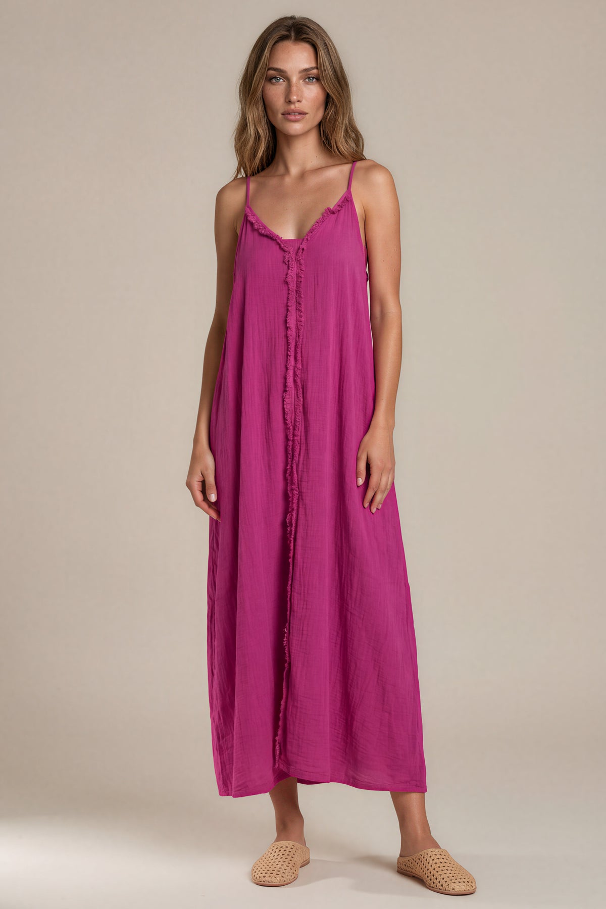 Vestido Longo De Alças Franjinhas Fúcsia Yacamim C3