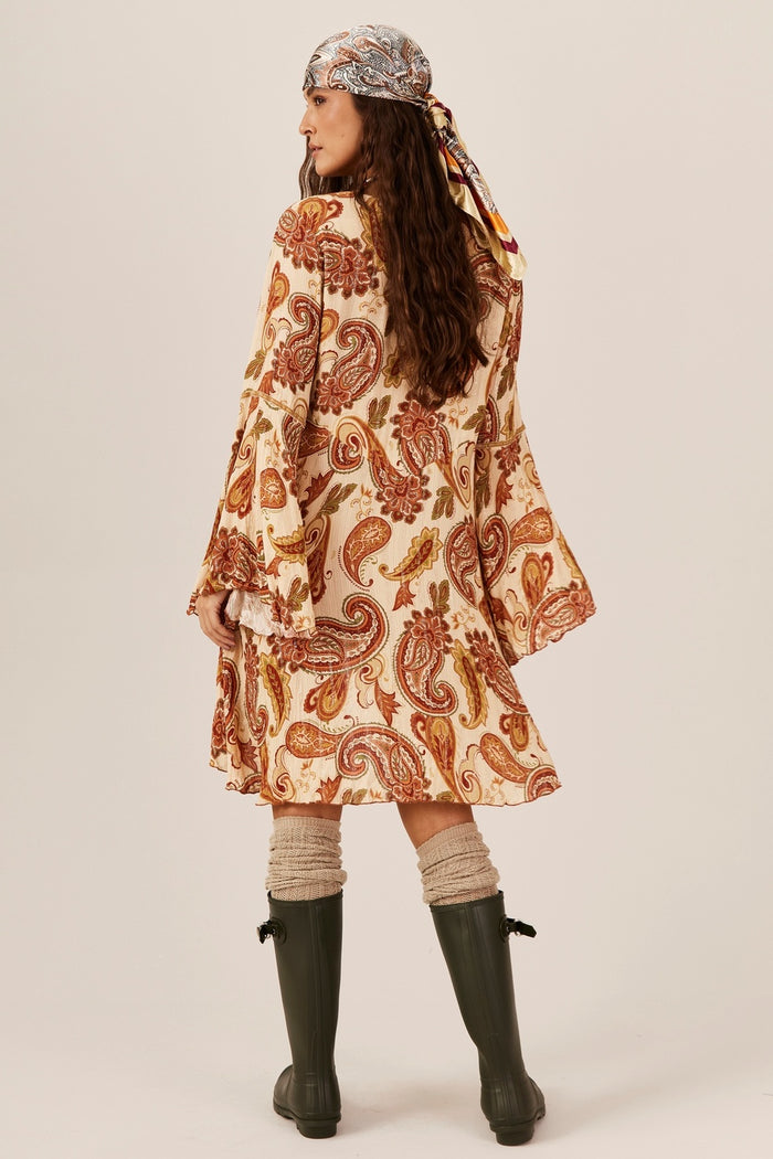 Chemise Mullet Com Lurex Bege Estampa Paisley Yacamim N7