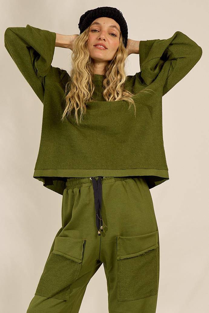 Blusa Básica De Moletom Com Mangas Longas Verde Yacamim A28