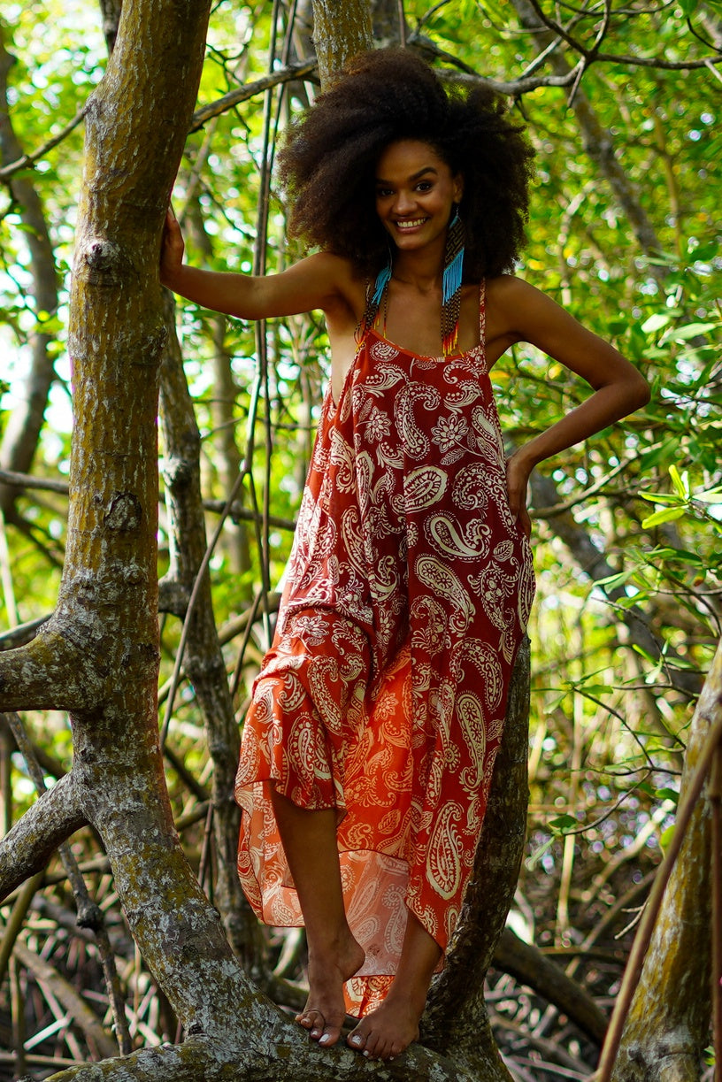 Vestido Longo Marrom Degradê Paisley Yacamim D3