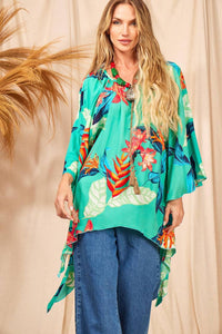 Bata Ampla Com Pontas Verde Estampado Yacamim