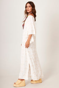 Vestido Longo De Linho Ciganinha Bege Com Flores Texturizadas Yacamim C6