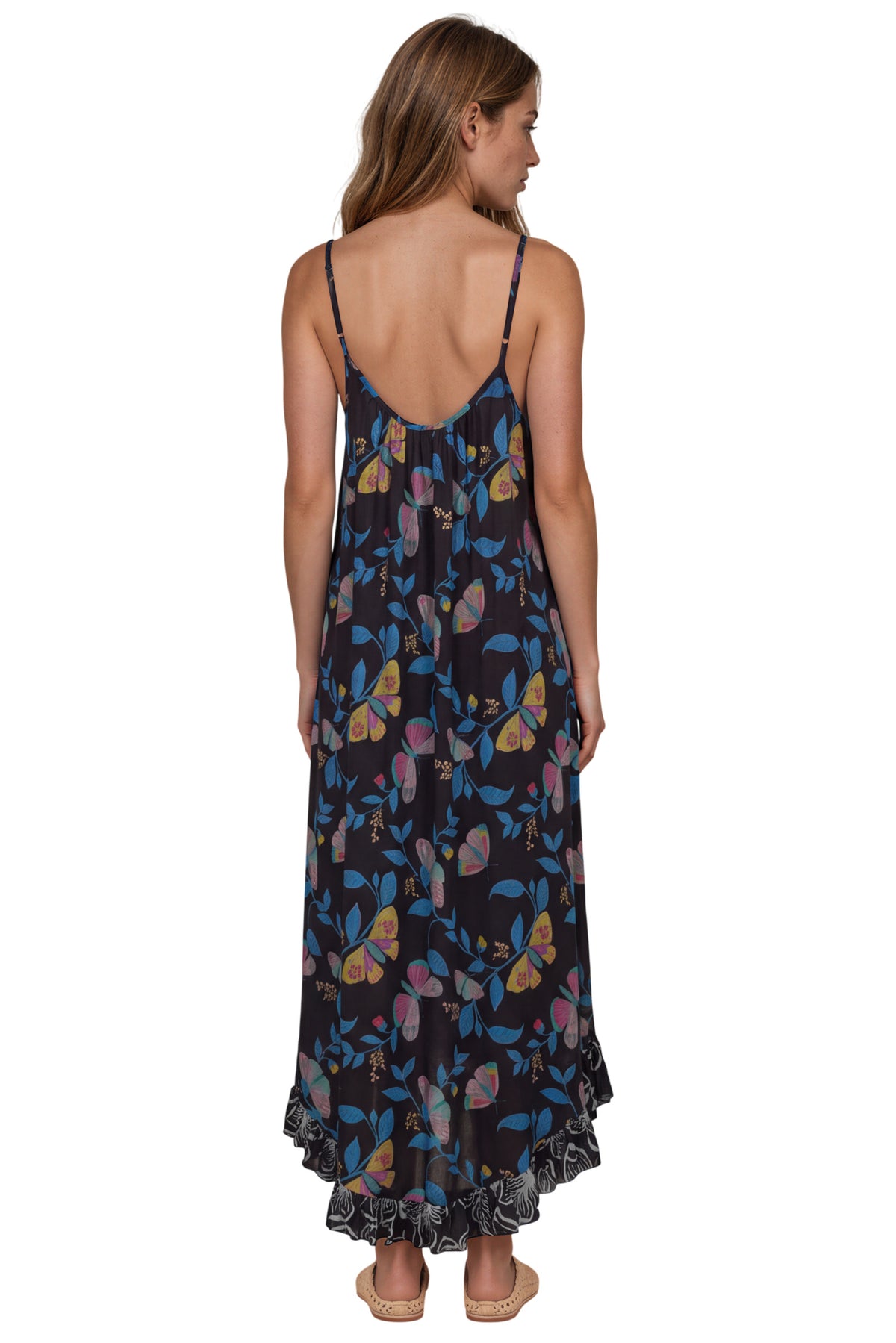 Vestido Midi De Alças Reguláveis Preto Estampado Yacamim D20