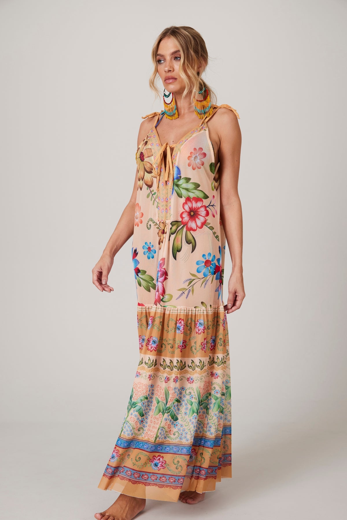 Vestido Midi De Tule Com Alças De Amarrar Laranja Estampado Yacamim K1