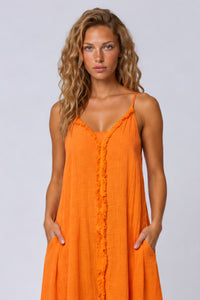 Vestido Longo De Alças Reguláveis Com Franjinhas Laranja Yacamim E11
