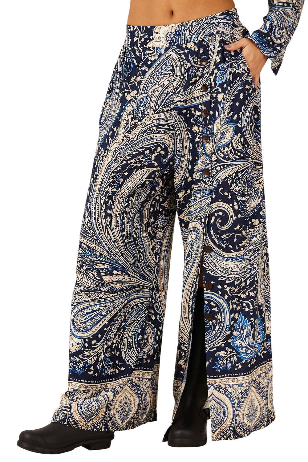 Calça Pantalona Bolsos Azul Estampa Paisley Yacamim A20