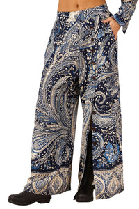 Calça Pantalona Bolsos Azul Estampa Paisley Yacamim A20