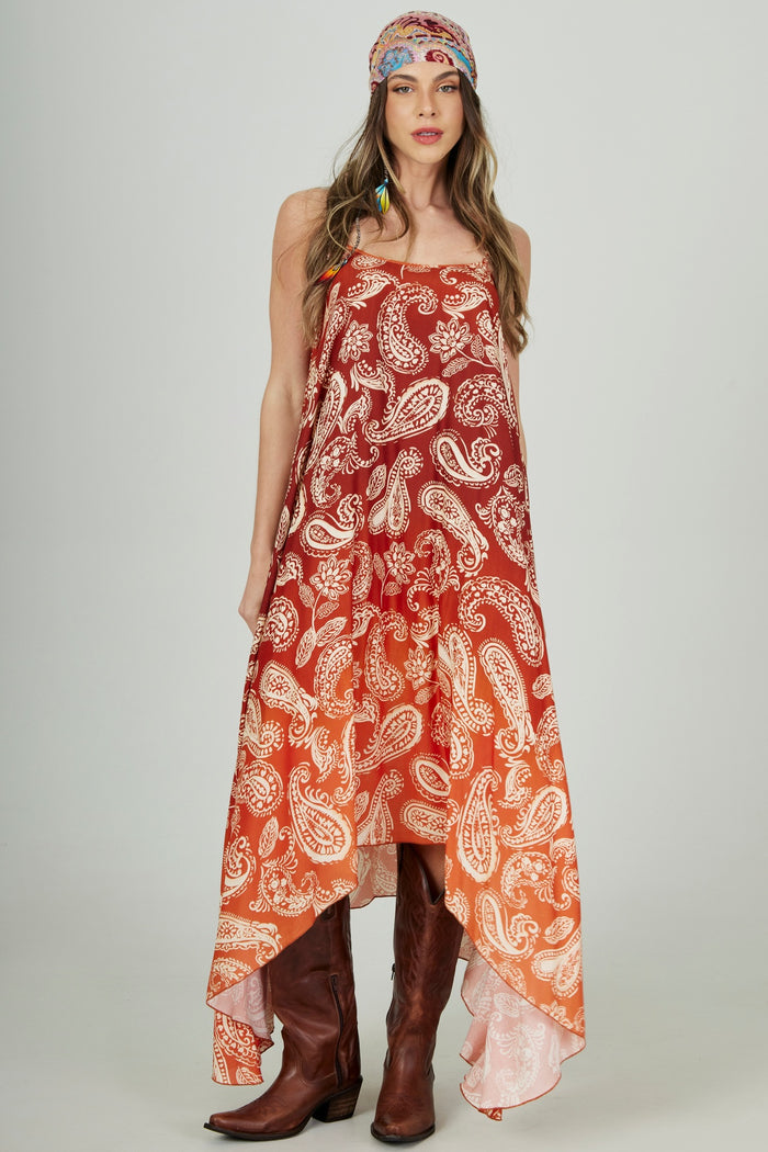 Vestido Longo Marrom Degradê Paisley Yacamim D3