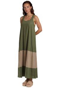 Vestido Midi Nadador Viscolinho Verde Bege Yacamim E8