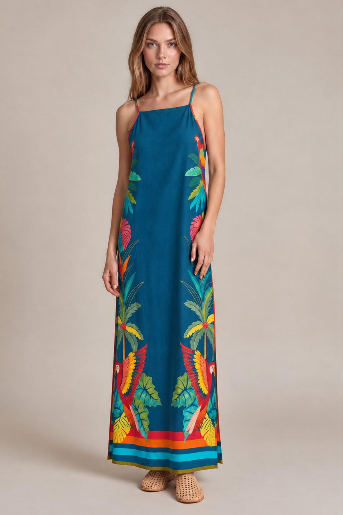 Vestido Longo Com Alças Reguláveis Azul Petróleo Estampado Yacamim C1