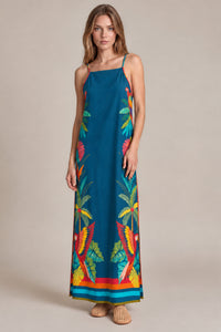 Vestido Longo Com Alças Reguláveis Azul Petróleo Estampado Yacamim C1