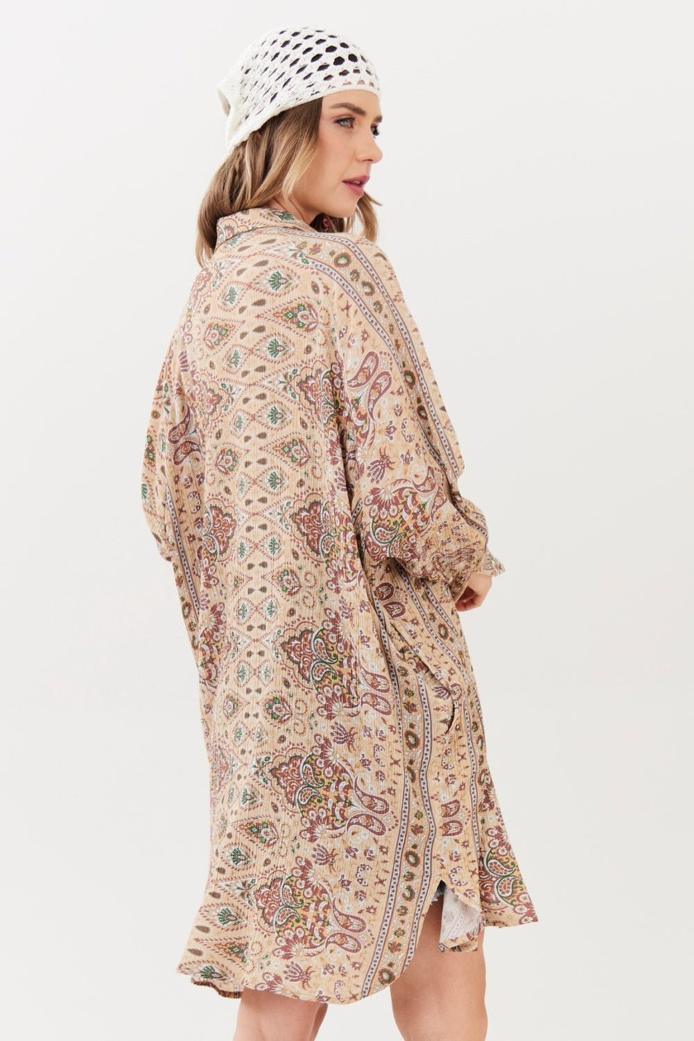 Chemise Curta Manga Longa Bege Paisley Yacamim L3