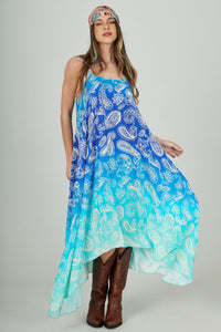Vestido Longo Amplo Azul Degradê Paisley Yacamim E24