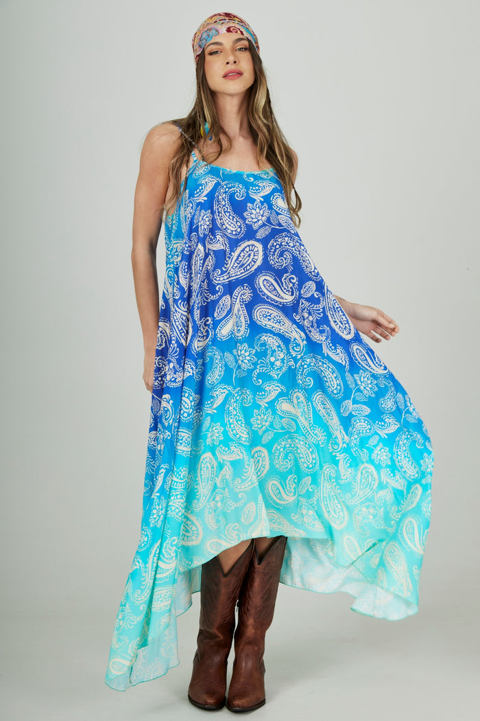 Vestido Longo Amplo Azul Degradê Paisley Yacamim E24