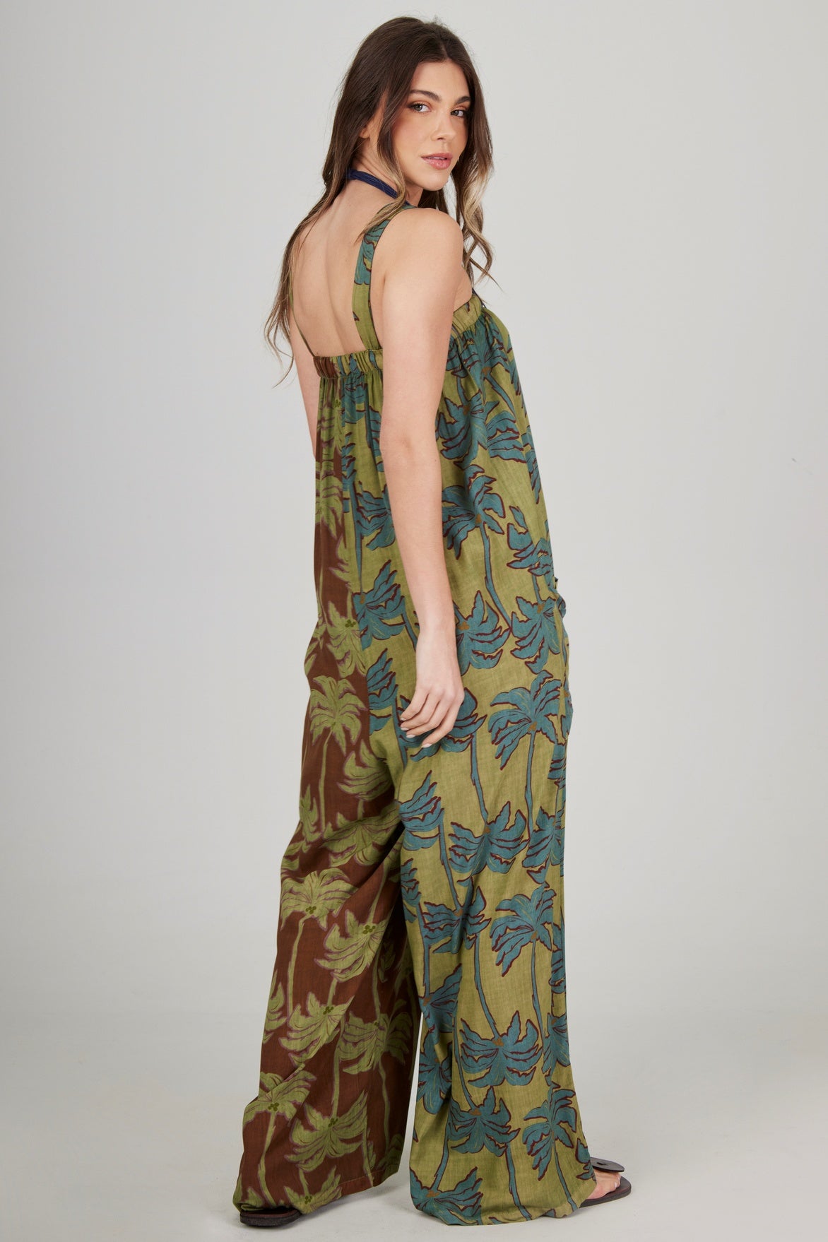 Macacão Longo Pantalona Verde Estampa Coqueiros Patchwork Yacamim O7
