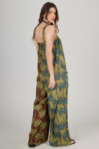 Macacão Longo Pantalona Verde Estampa Coqueiros Patchwork Yacamim O7