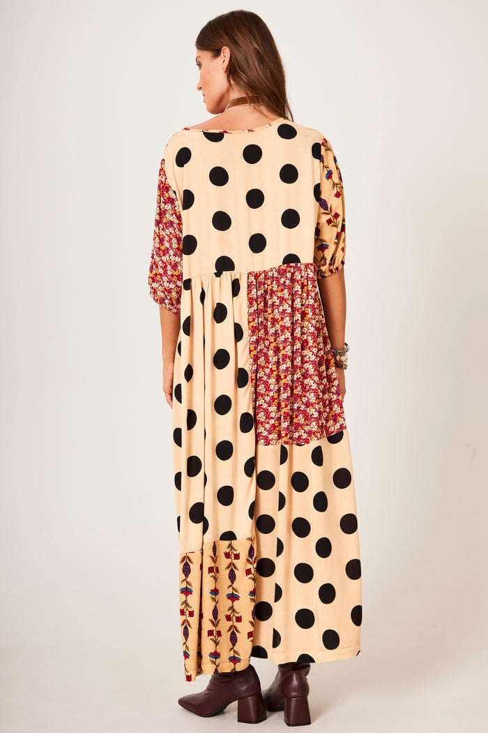 Vestido Midi Estampa De Poá Patchwork Marrom Claro Yacamim D15