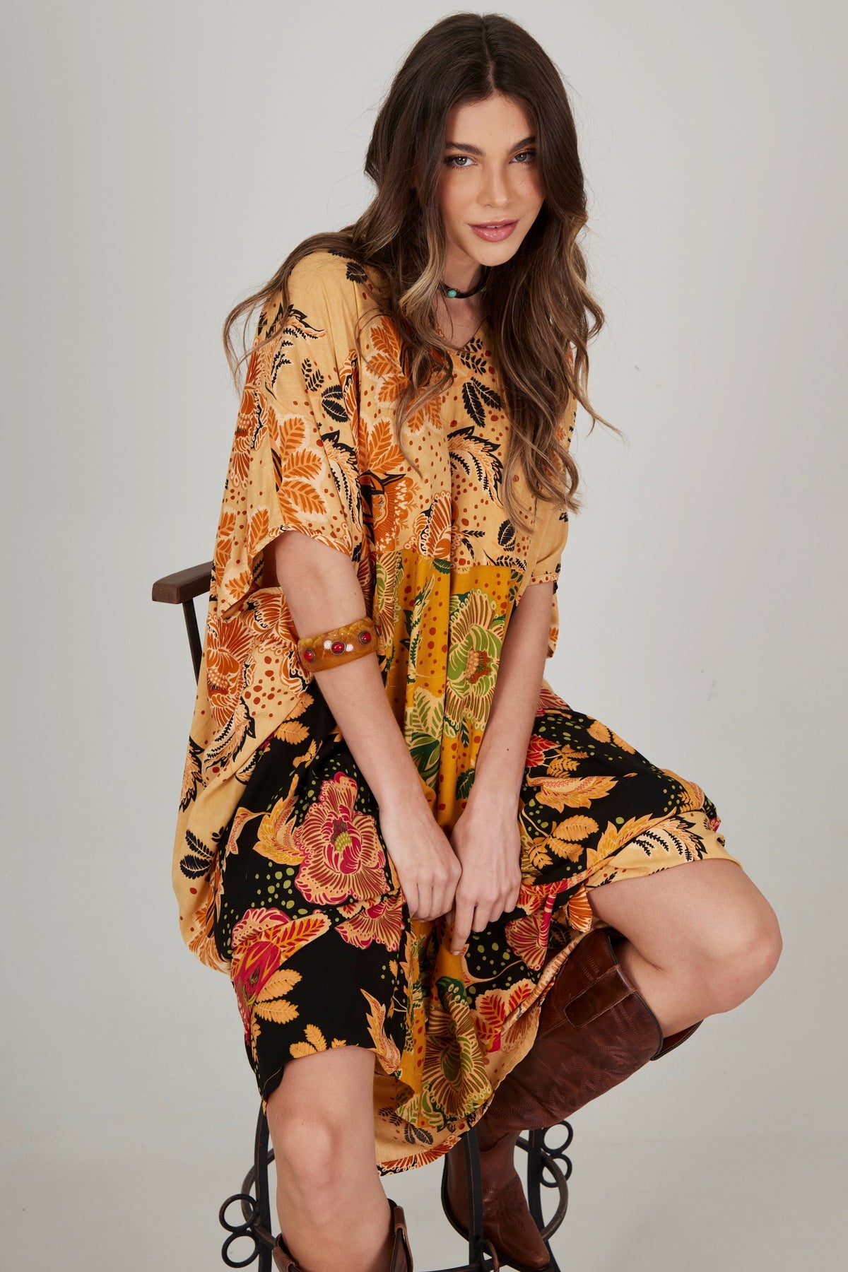 Kaftan Midi Amarelo E Preto Patchwork Yacamim J8