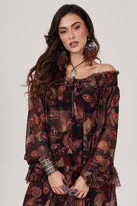 Bata De Tule Ciganinha Preta Estampa Cashmere Yacamim A12