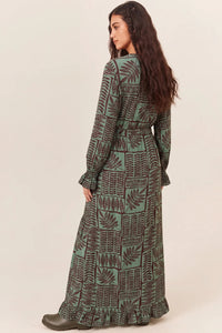 Vestido Longo Com Fechamento De Botões Verde Estampado Yacamim C7