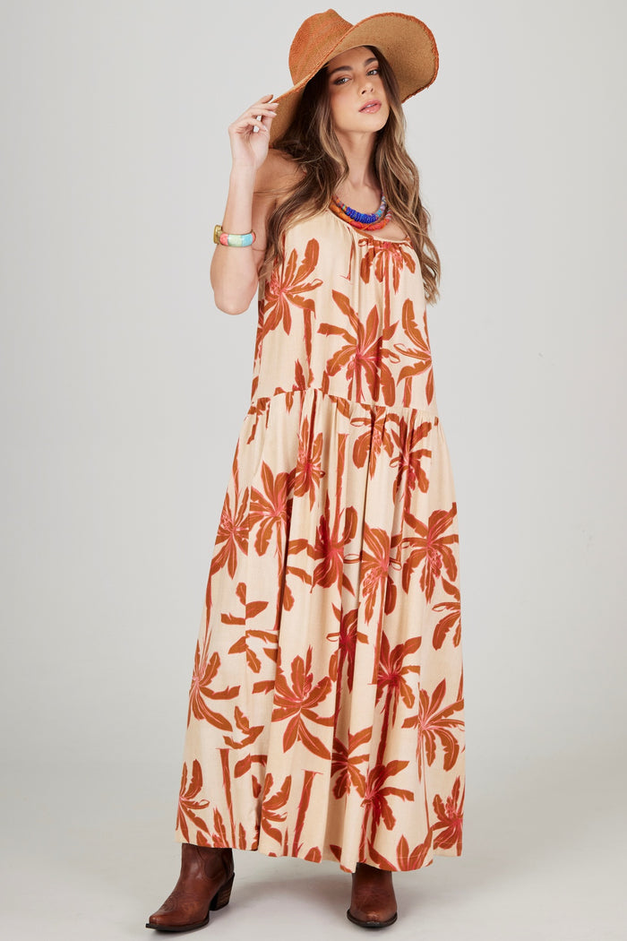 Vestido Midi Bege Escuro E Marrom Estampa Coqueiros Yacamim C31