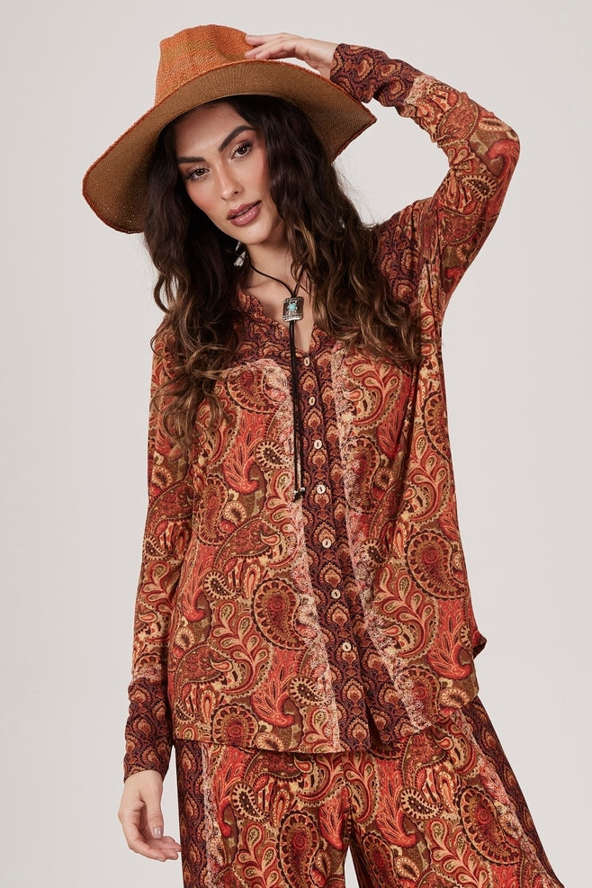 Bata Ampla Com Botões Terracota Estampa Paisley Yacamim B7