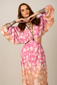 Vestido Longo Vazado Tie Dye Rosa E Laranja Yacamim C17