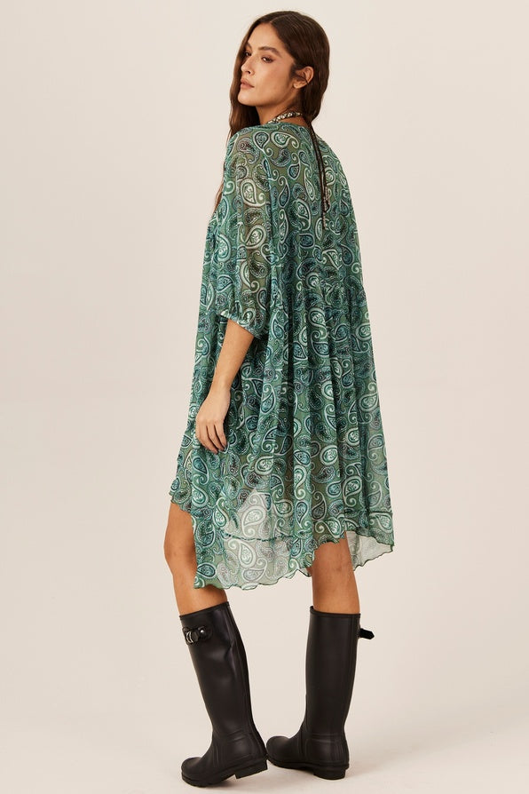 Vestido Curto Tule Verde Paisley Yacamim E7